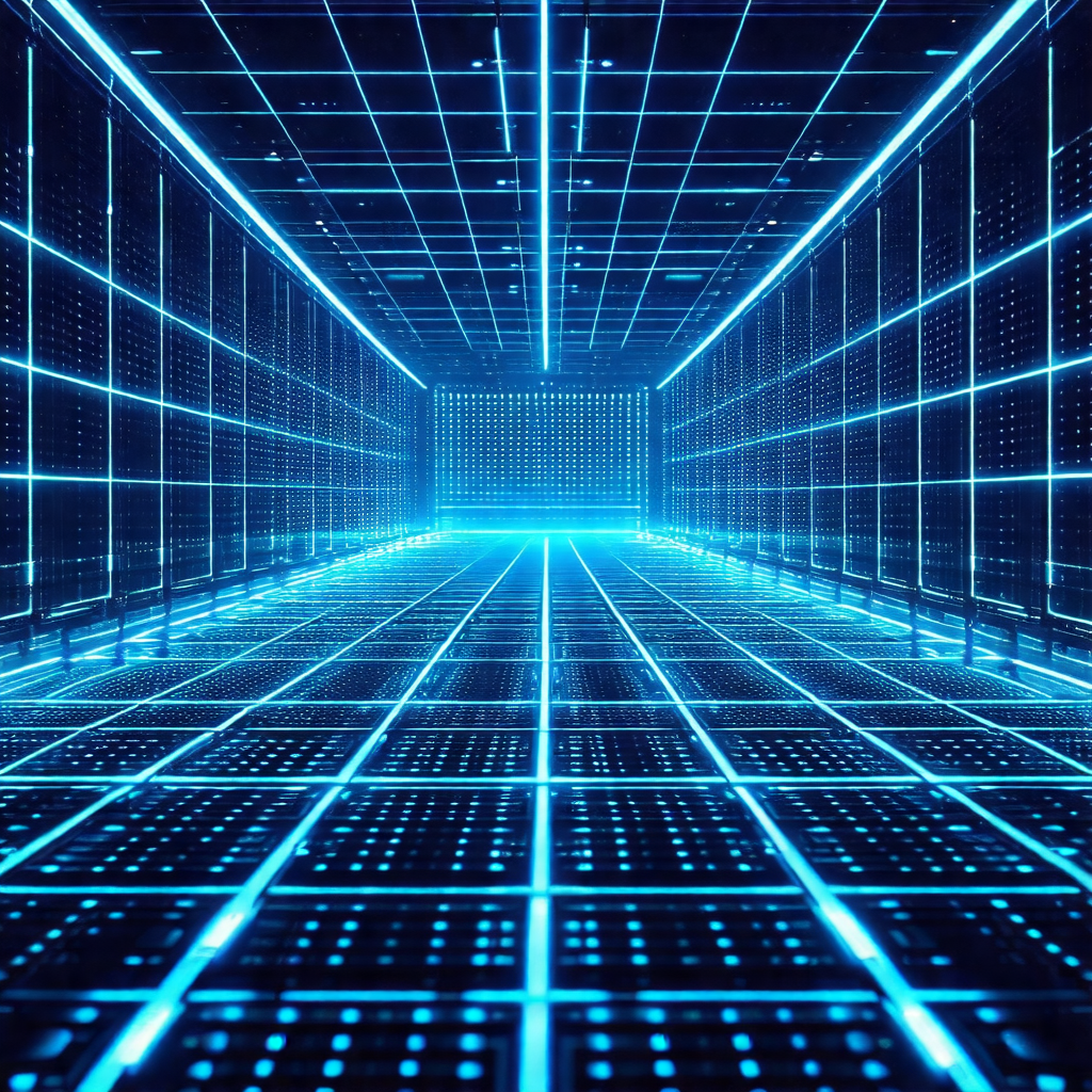 Futuristic scene with a blue, glowing floor