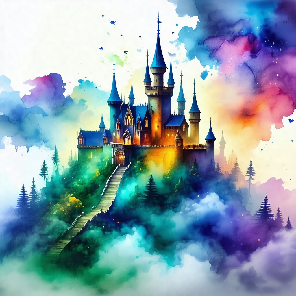 Colorful painting of a castle, with a staircase leading u...