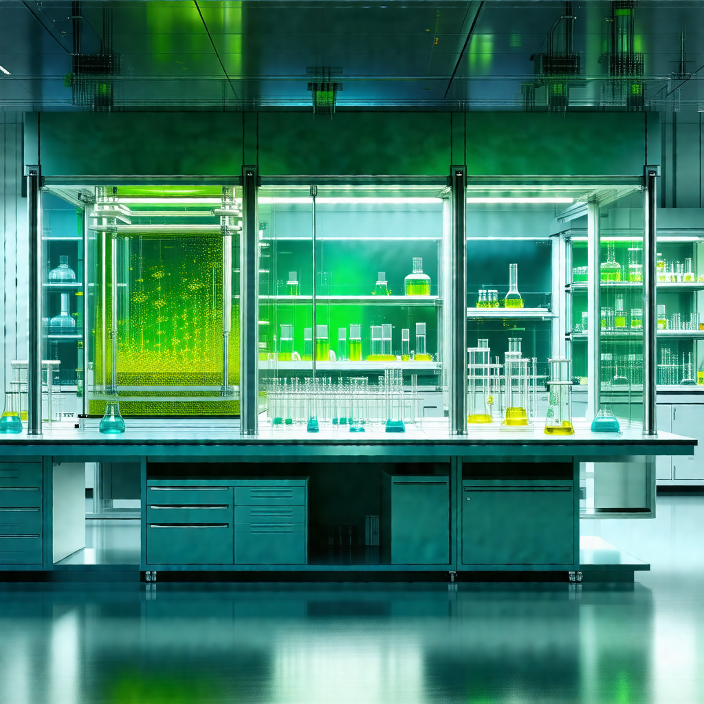Large, well-lit laboratory with a long counter filled wit...