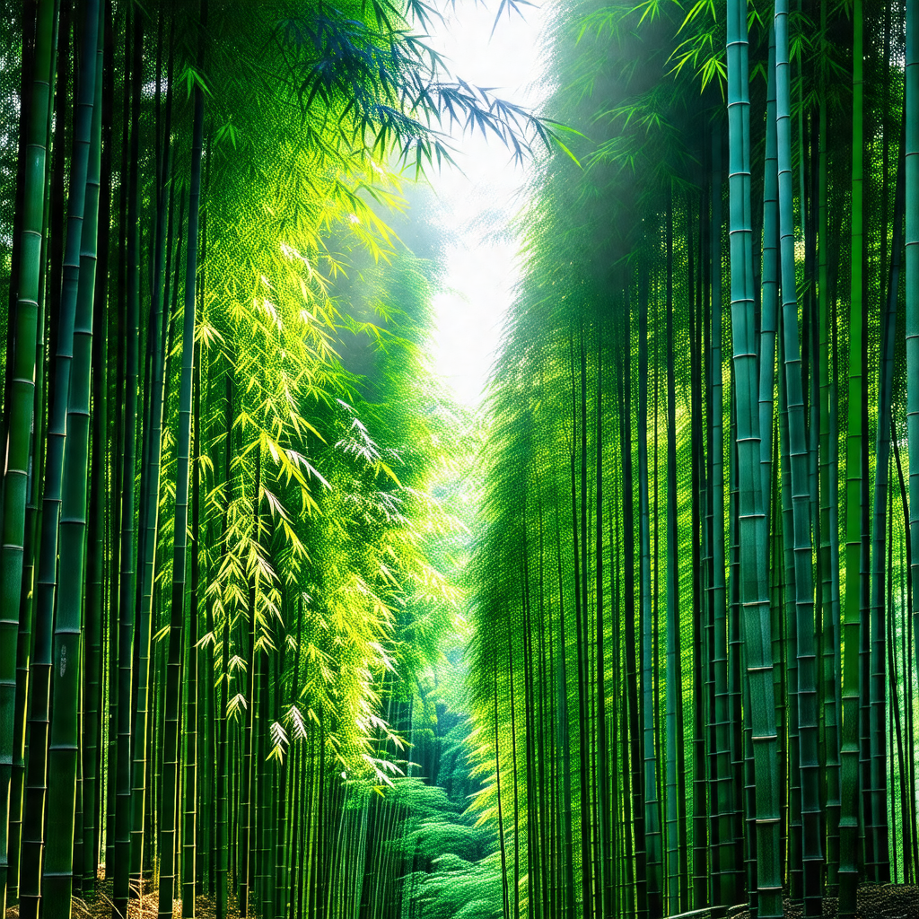 Lush green forest filled with tall, slender bamboo trees