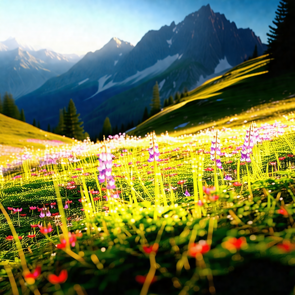 Beautiful mountain landscape with a lush green field and ...
