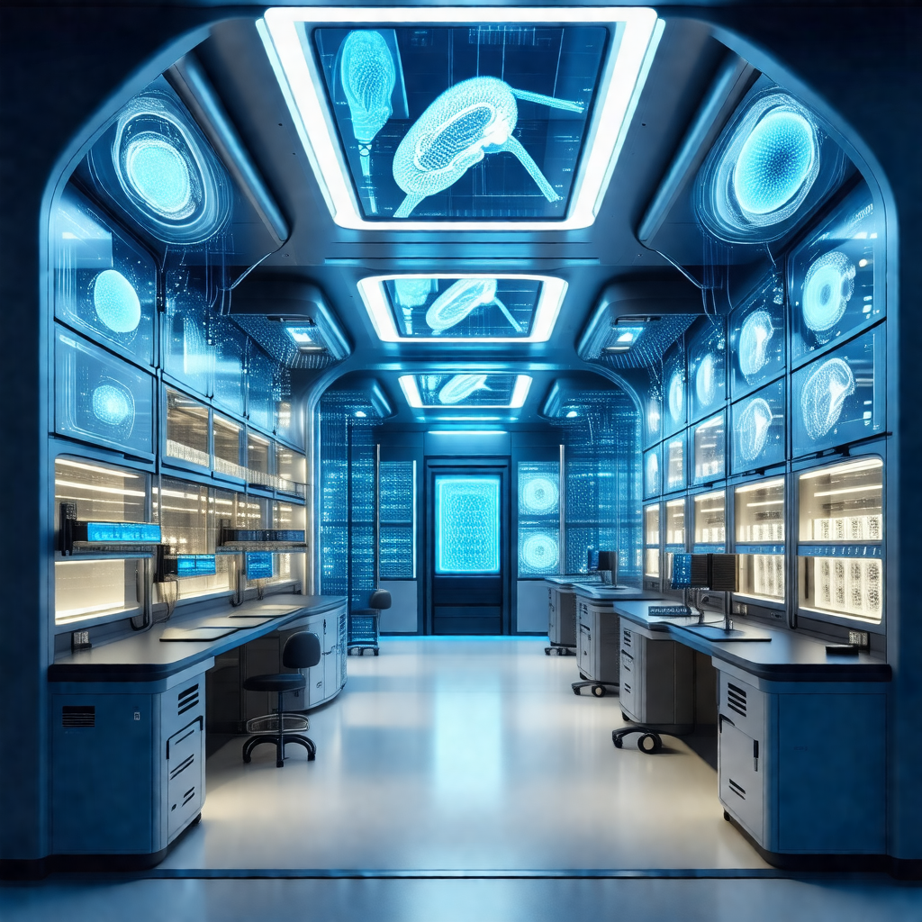 Futuristic laboratory with a blue-lit atmosphere