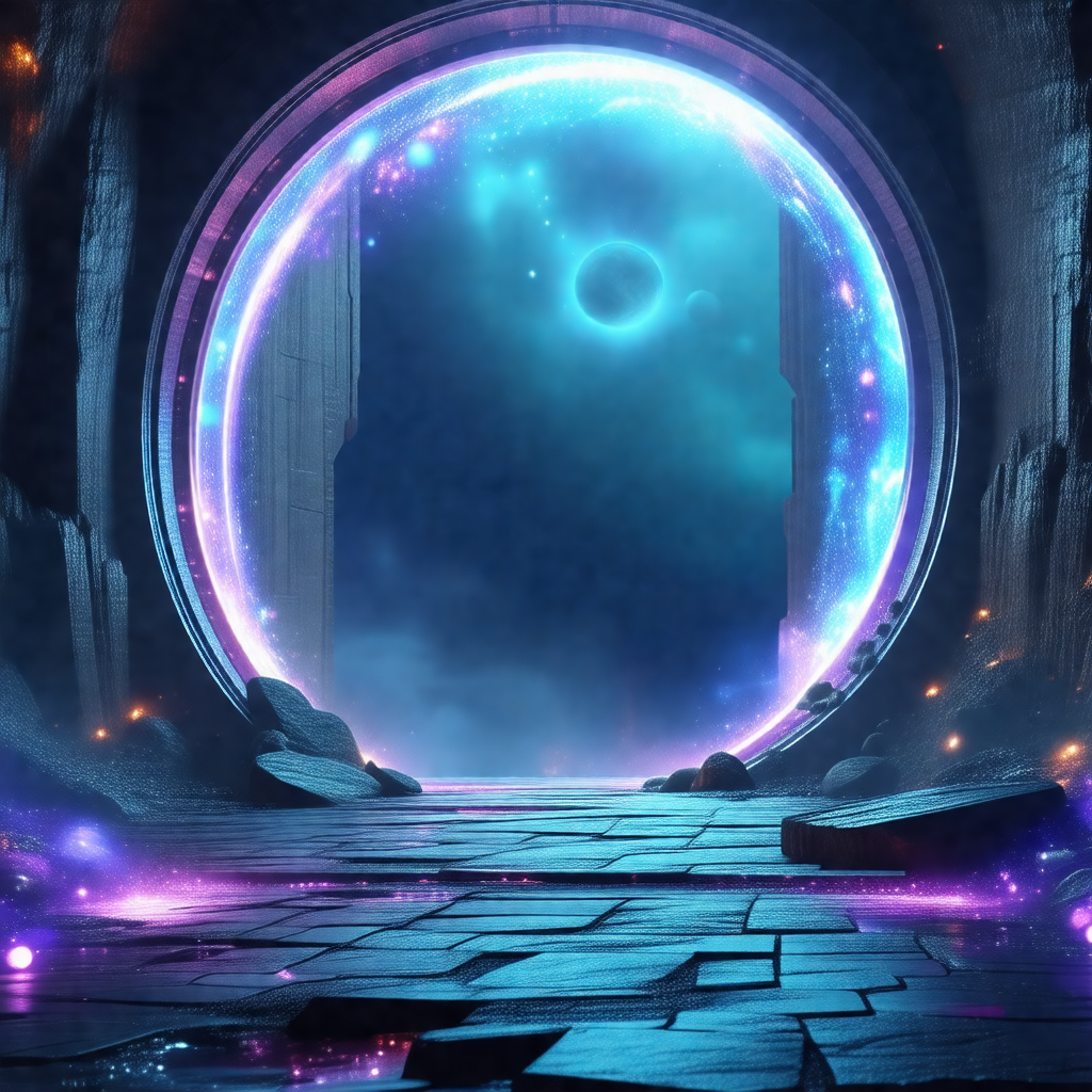 Large, blue, circular doorway with a purple glow