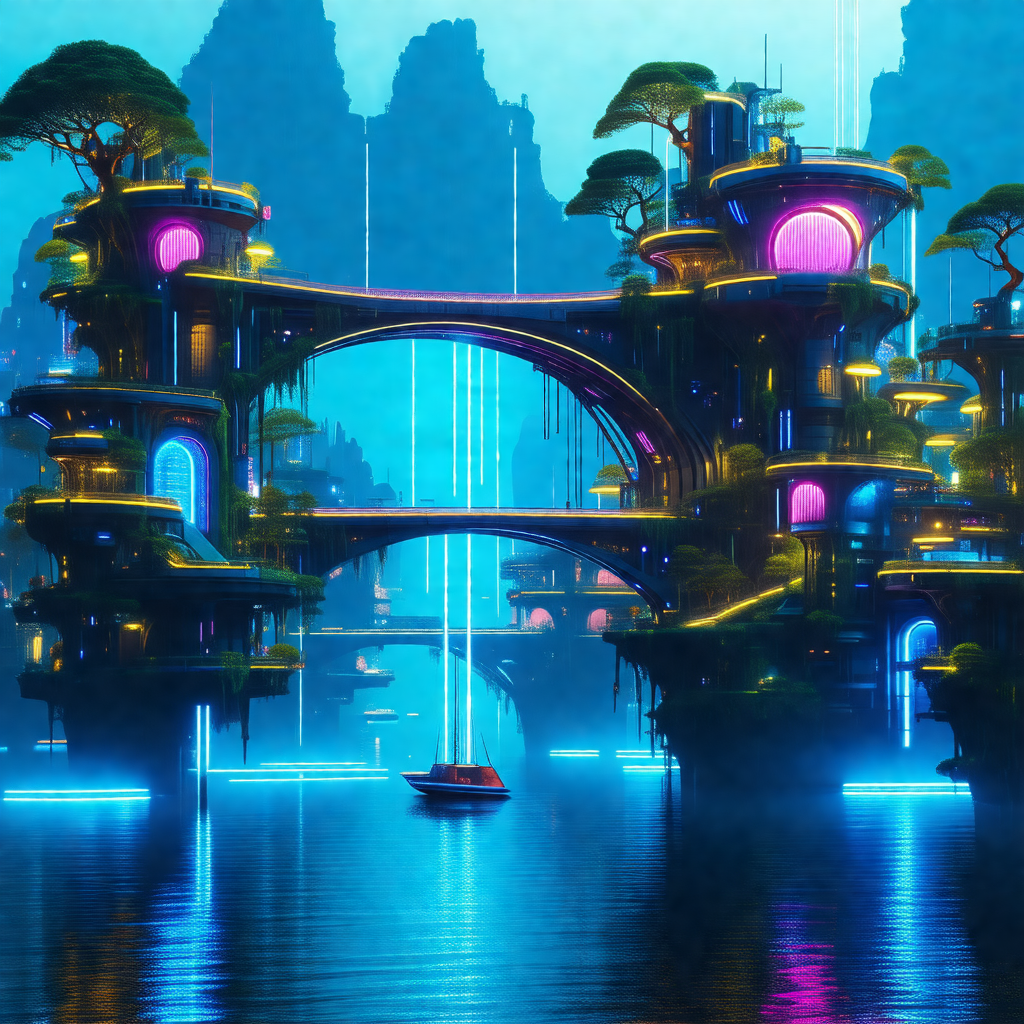 Colorful and imaginative depiction of a city built on sti...