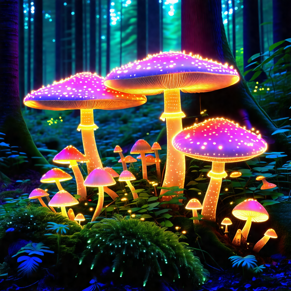 Forest with a group of glowing mushrooms scattered throug...
