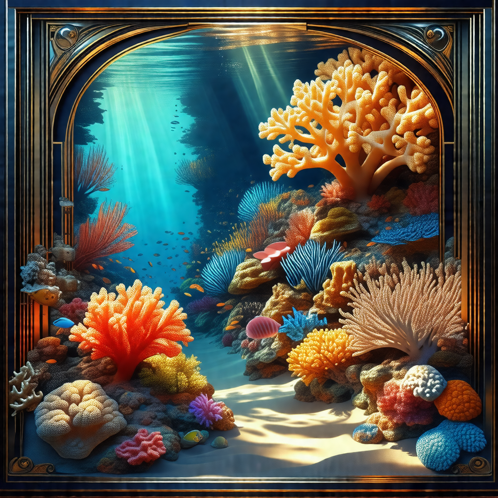 Painting of a vibrant underwater scene, featuring a varie...