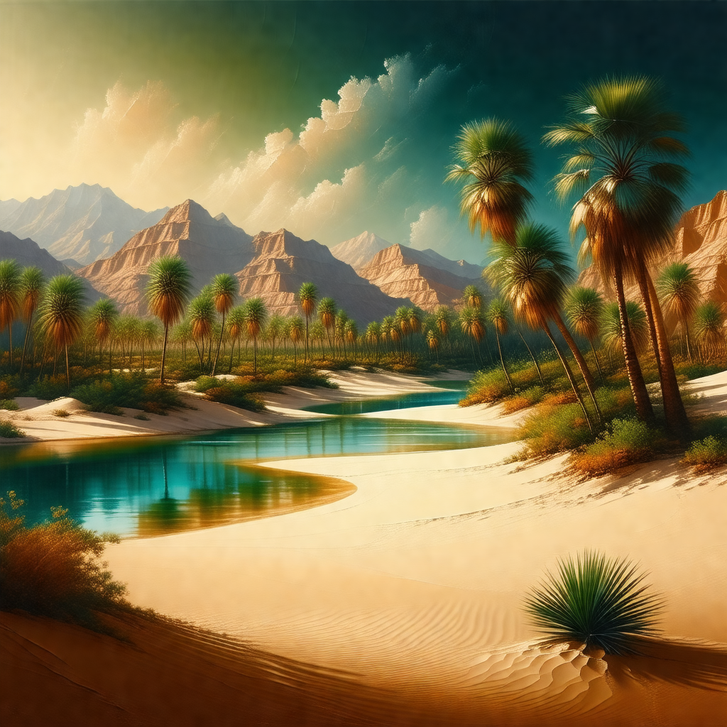 Painting of a desert landscape with a river flowing throu...