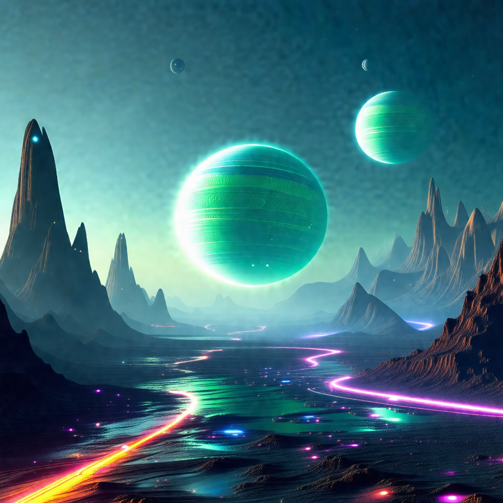 Futuristic scene with a group of three planets floating i...