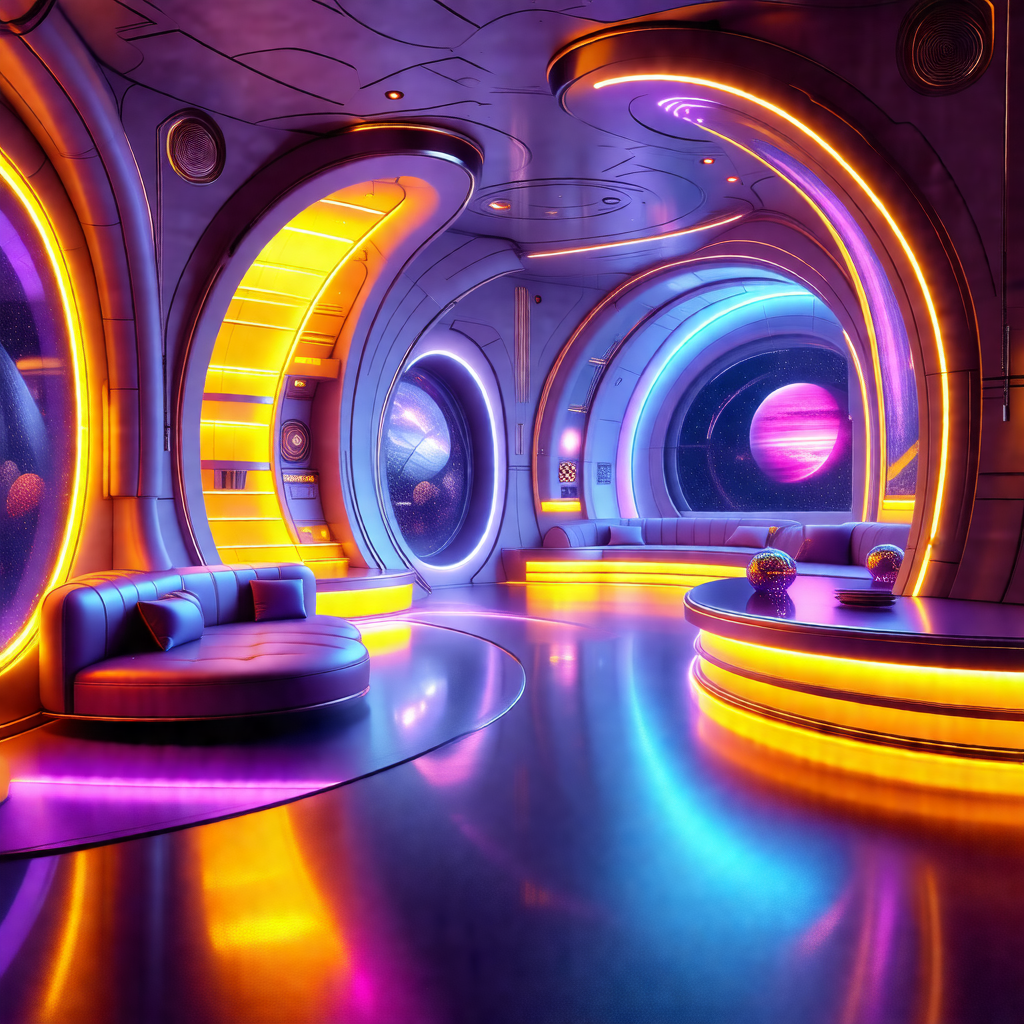 Futuristic room with a purple and yellow color scheme