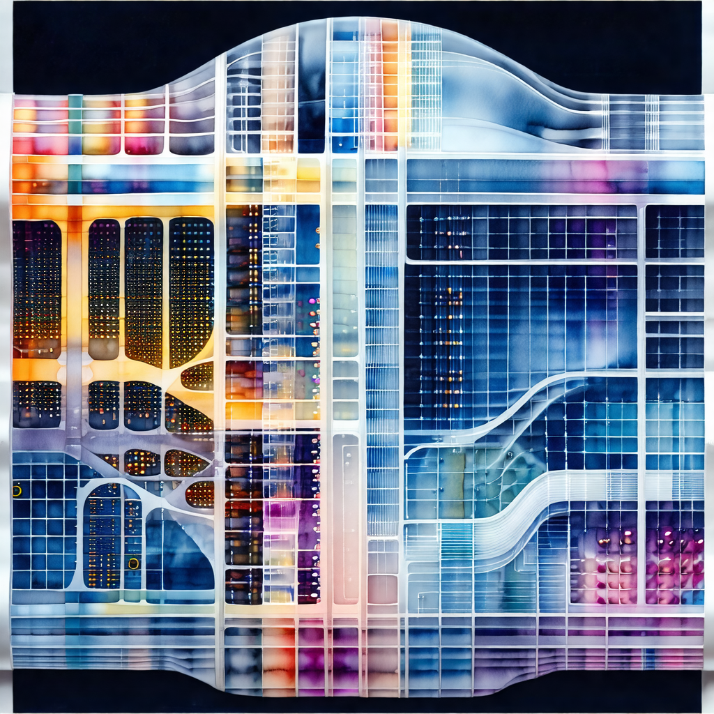 Painting of a cityscape, featuring a large building with ...