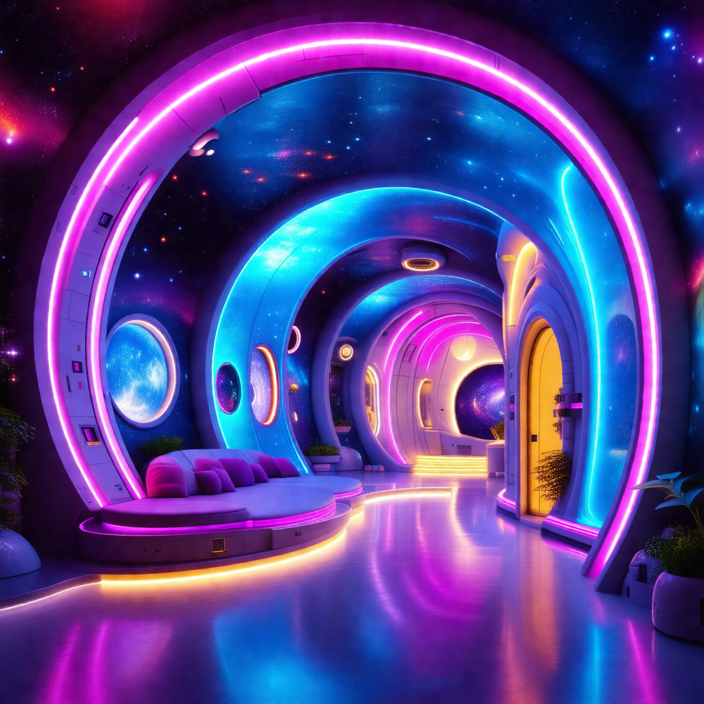 Futuristic space station with a long, curved hallway