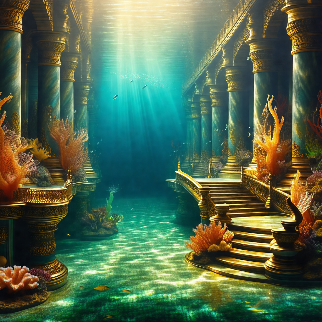 Beautiful underwater palace with a large, ornate staircas...
