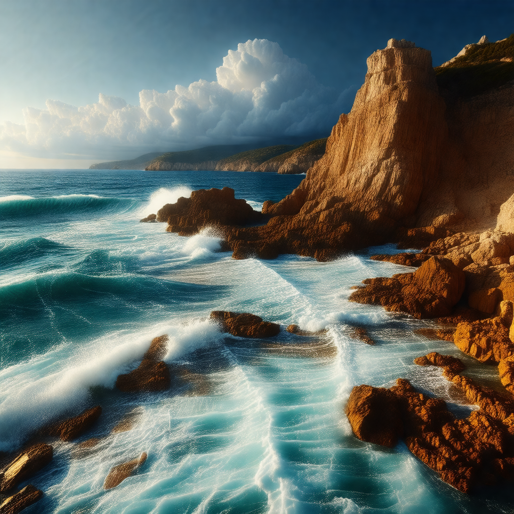 Beautiful beach scene with a large rock formation in the ...