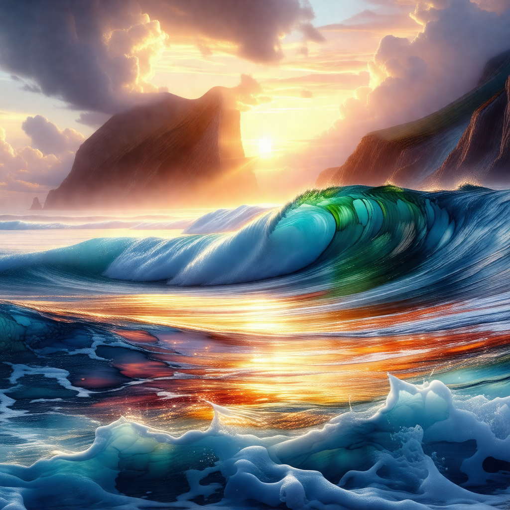 Beautiful sunset over the ocean, with a large wave crashi...