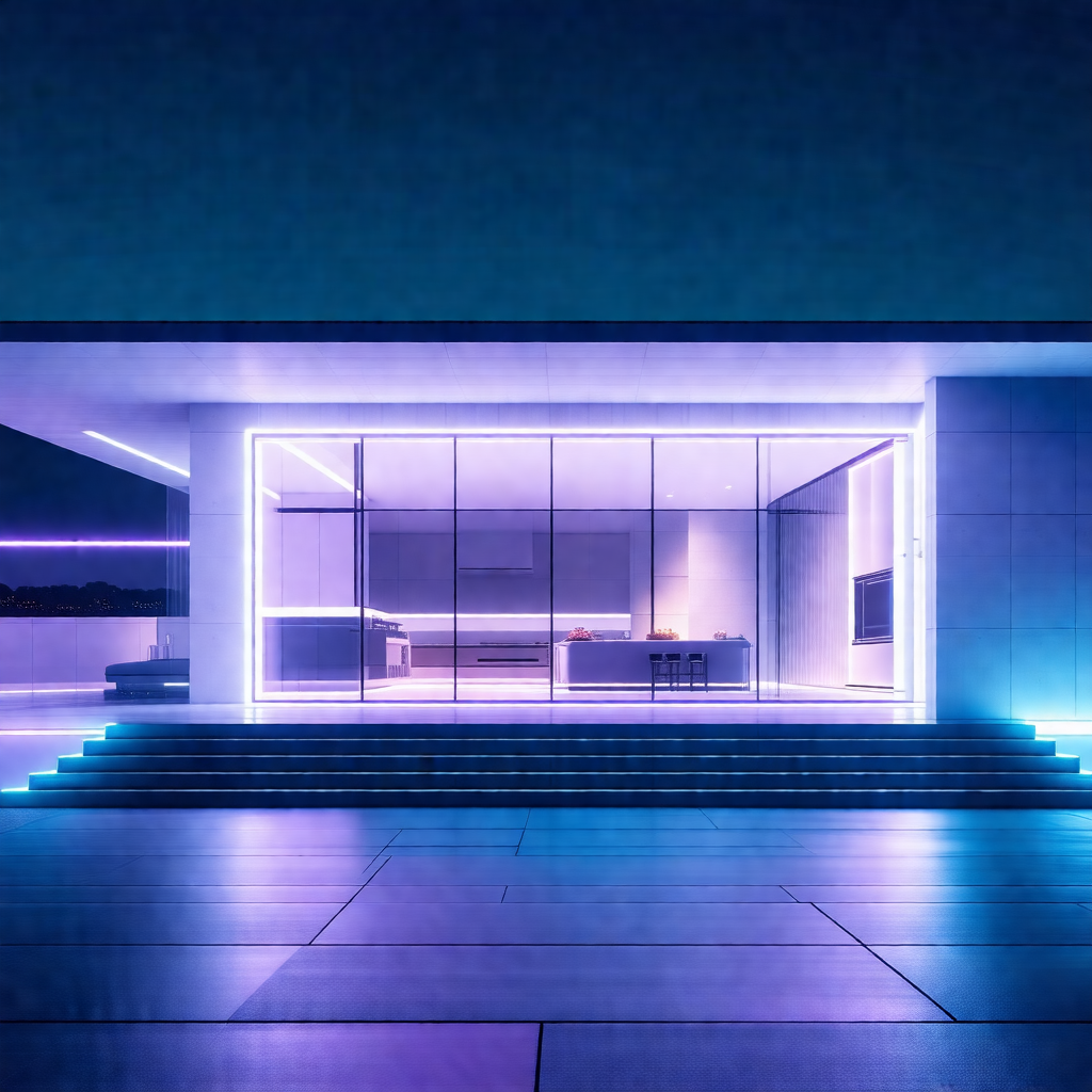 Large, modern-looking house with a purple glow