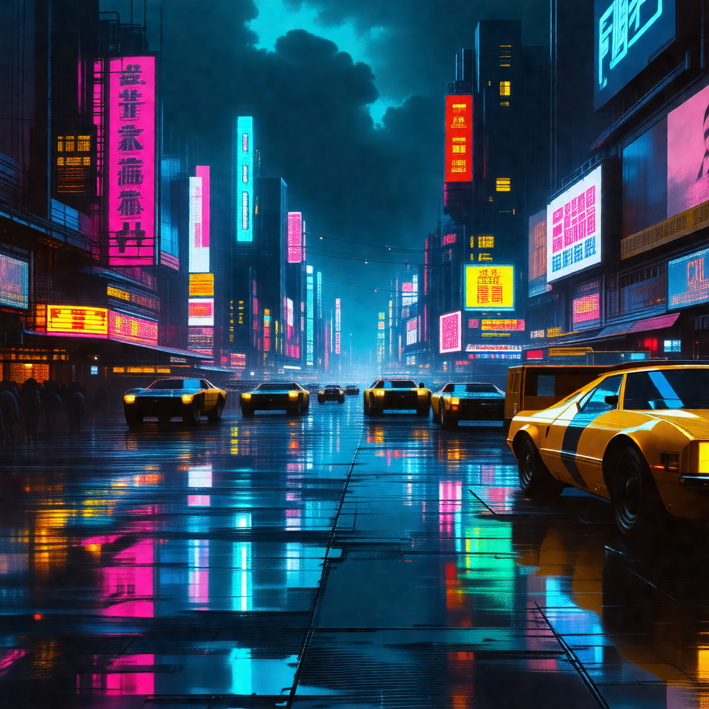 Busy city street at night, filled with traffic and neon l...