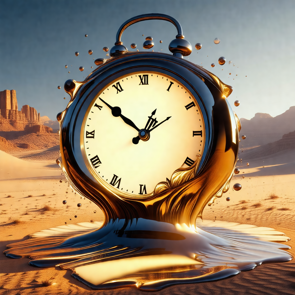 Clock that is floating in a pool of liquid, which appears...