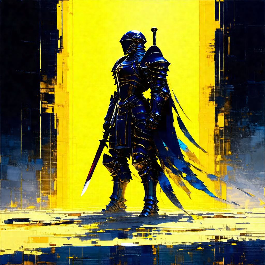 Knight in full armor, standing in a brightly lit room
