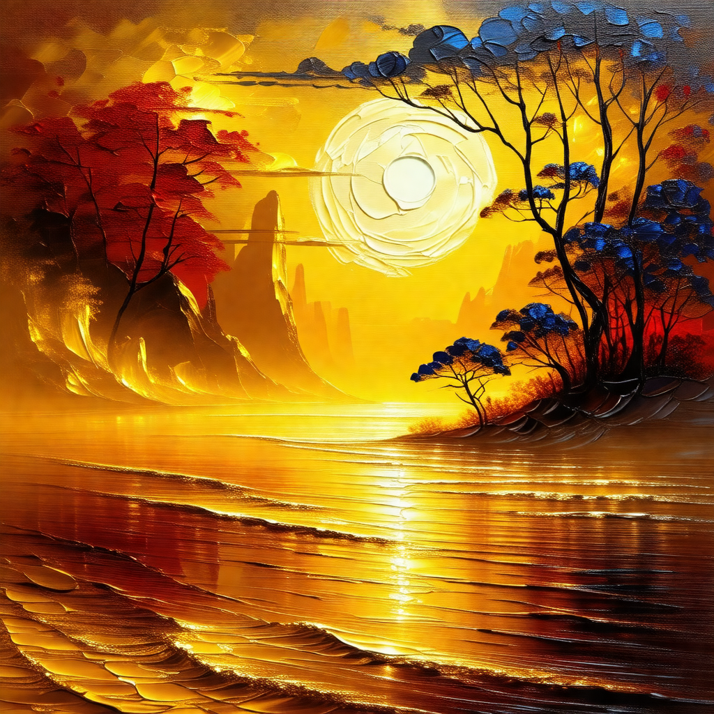 Beautiful sunset over a body of water, with a beach and a...