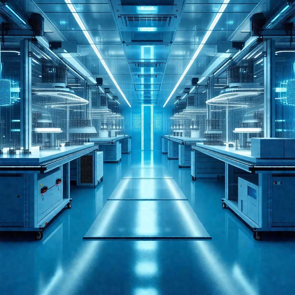 Large, clean, and well-lit laboratory with a blue-lit atm...