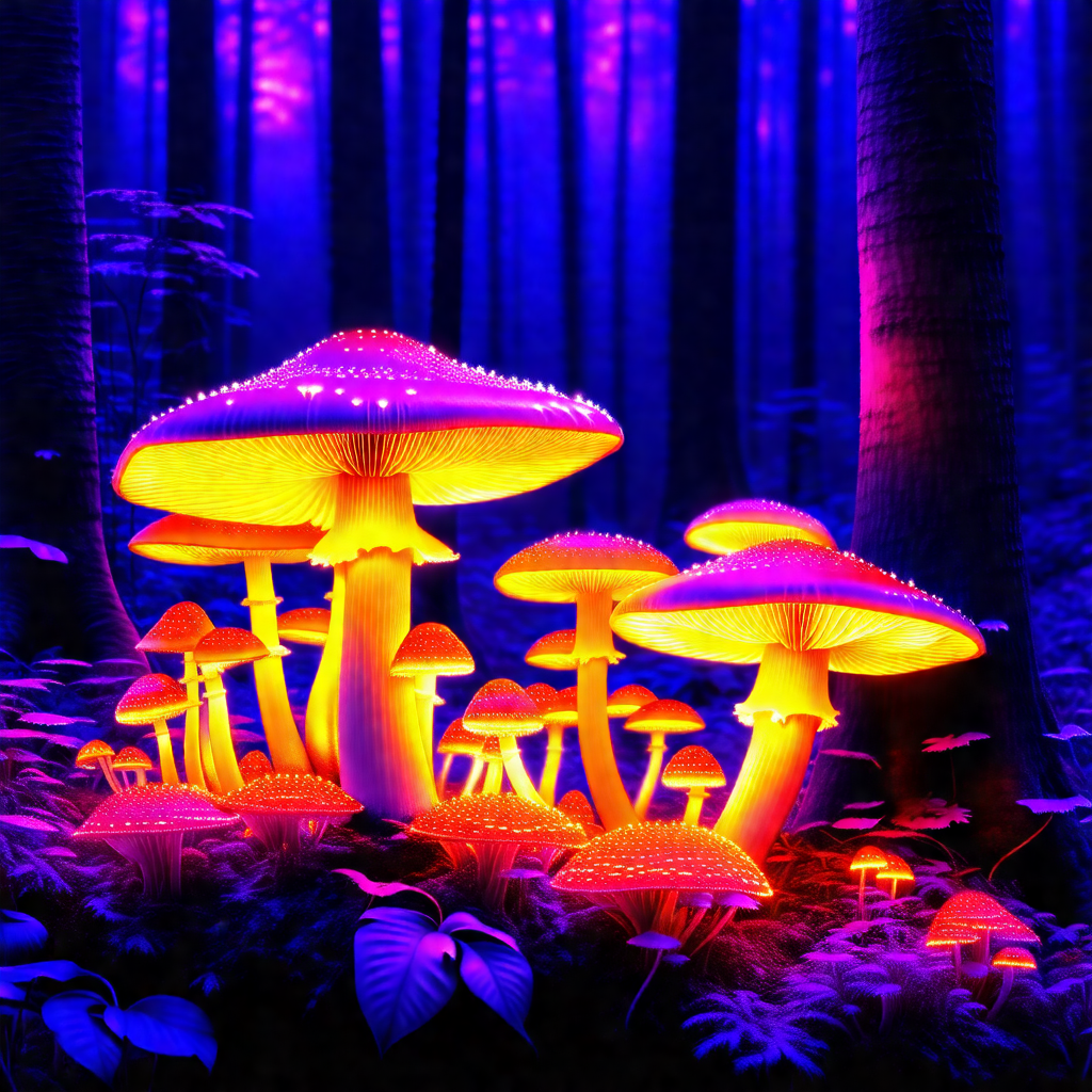 Group of glowing mushrooms in a forest setting