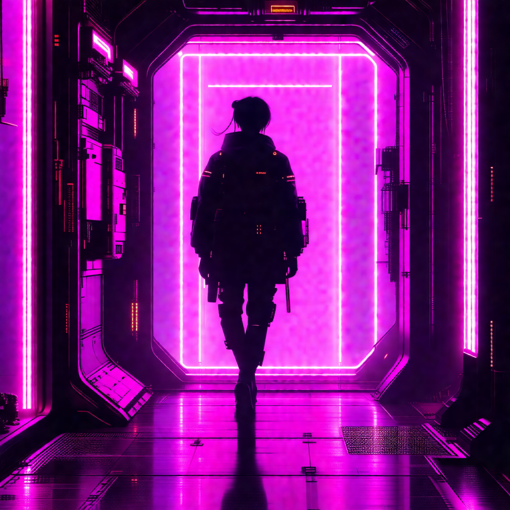 Person wearing a backpack, walking through a futuristic, ...