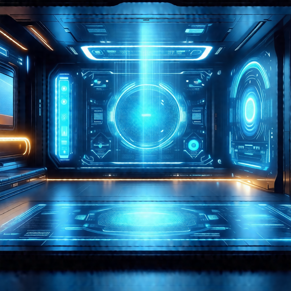 Futuristic room with a blue and white color scheme