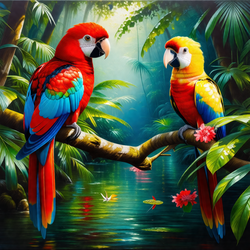 Two colorful parrots perched on a tree branch