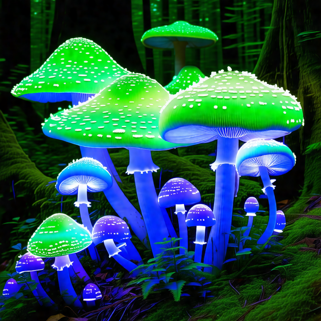 Lush green forest with a group of glowing mushrooms scatt...
