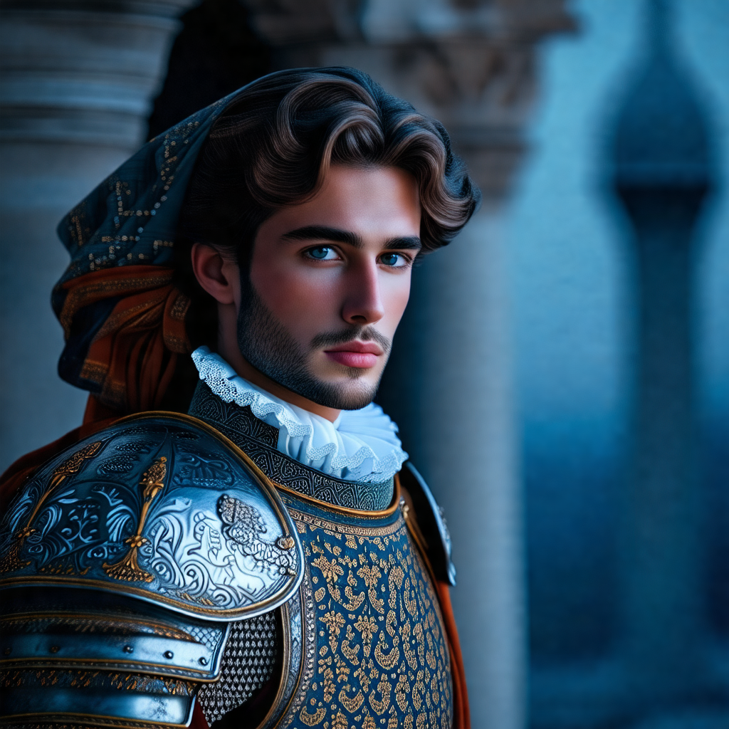 Man dressed in a medieval costume, wearing a suit of armor