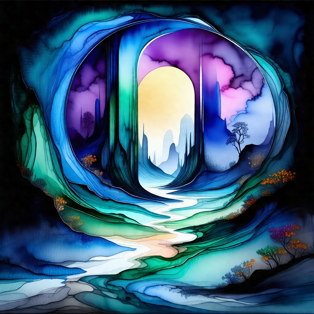 Painting of a beautiful landscape featuring a river flowi...
