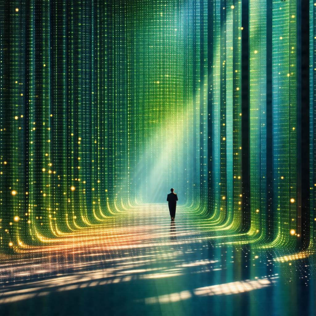 Man walking down a long, narrow hallway