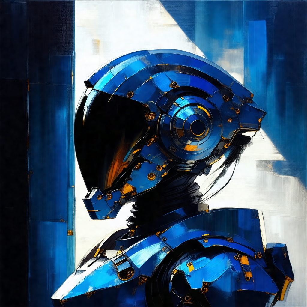 Black and white drawing of a robot with a blue helmet