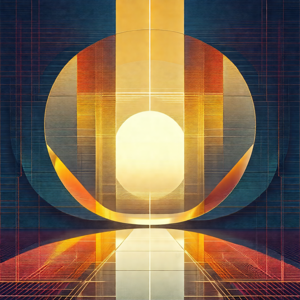Futuristic, abstract art piece featuring a large, circula...