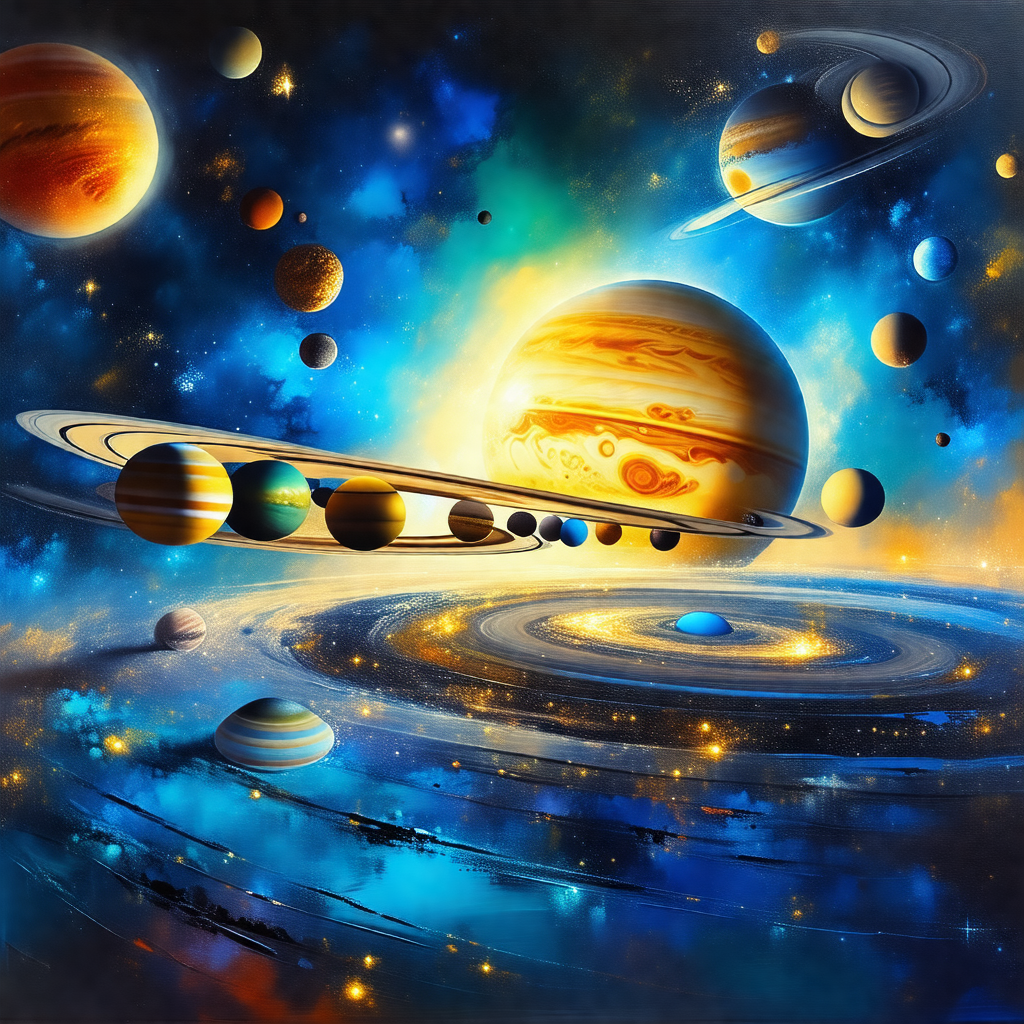 Painting of a solar system, featuring a variety of planet...