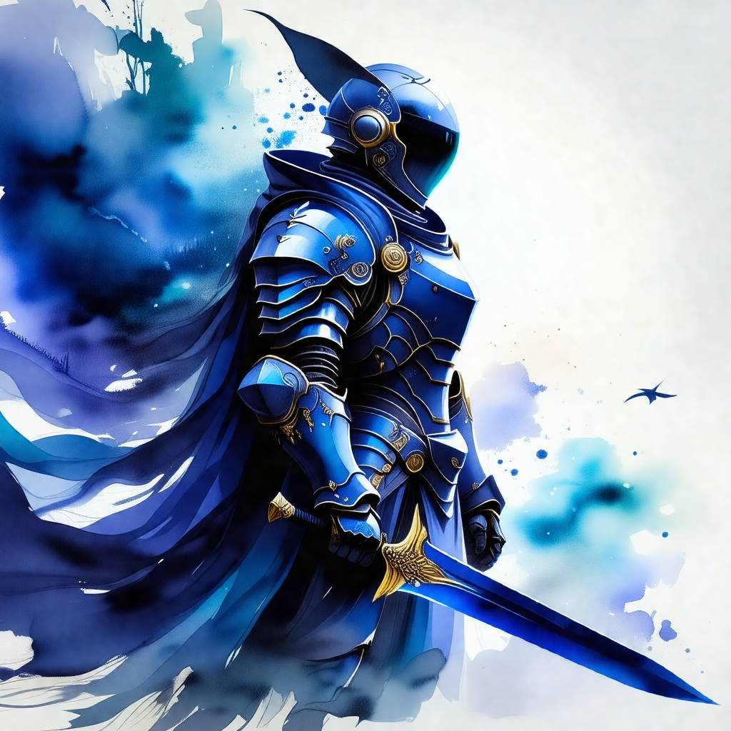 Blue knight in a suit of armor, holding a sword in his ri...