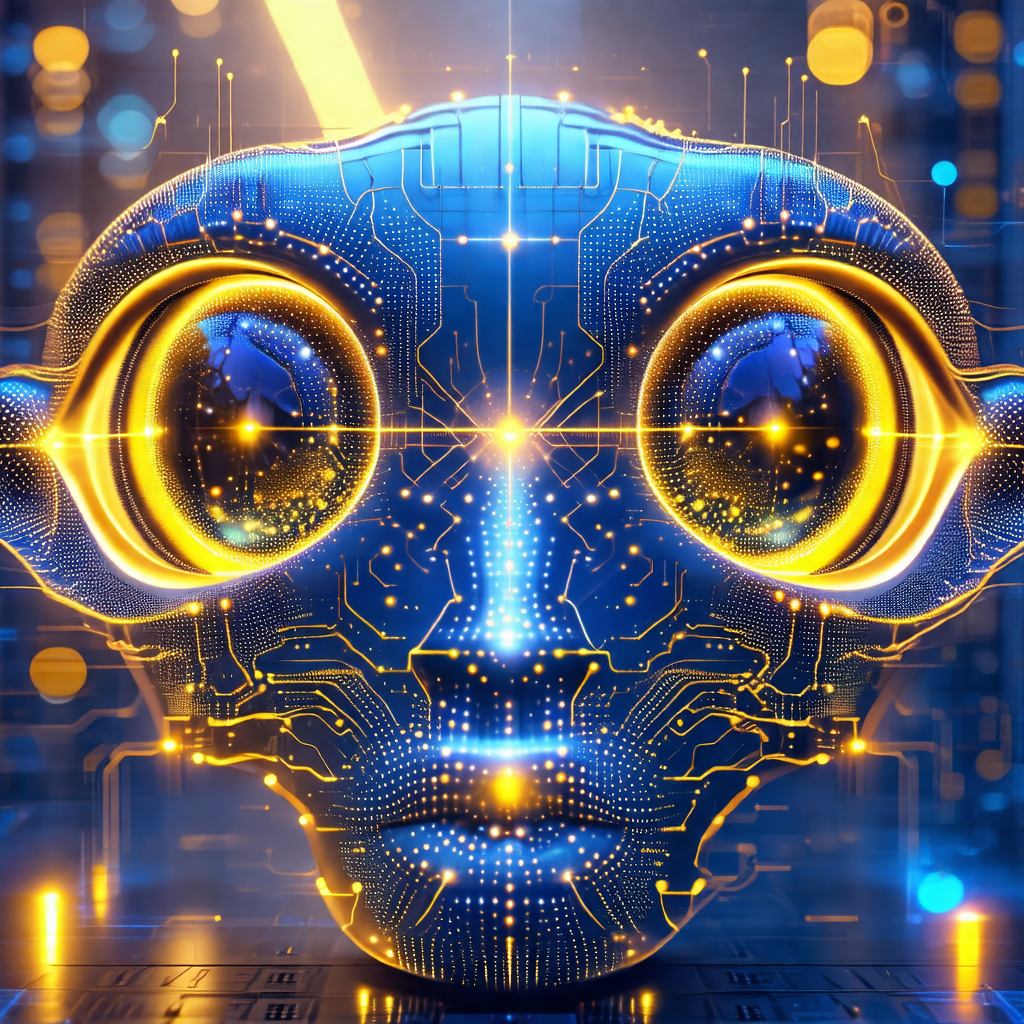Close-up of a computer-generated face with a blue and yel...