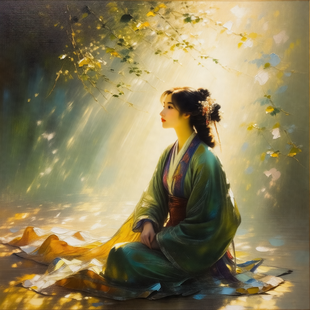 Woman sitting on the ground, surrounded by leaves and flo...