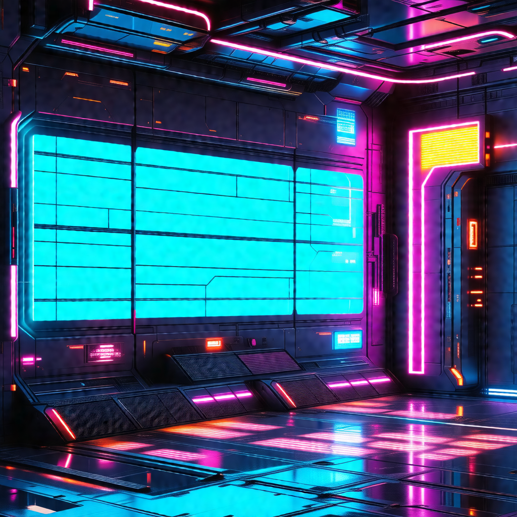 Futuristic room with a large, brightly lit display