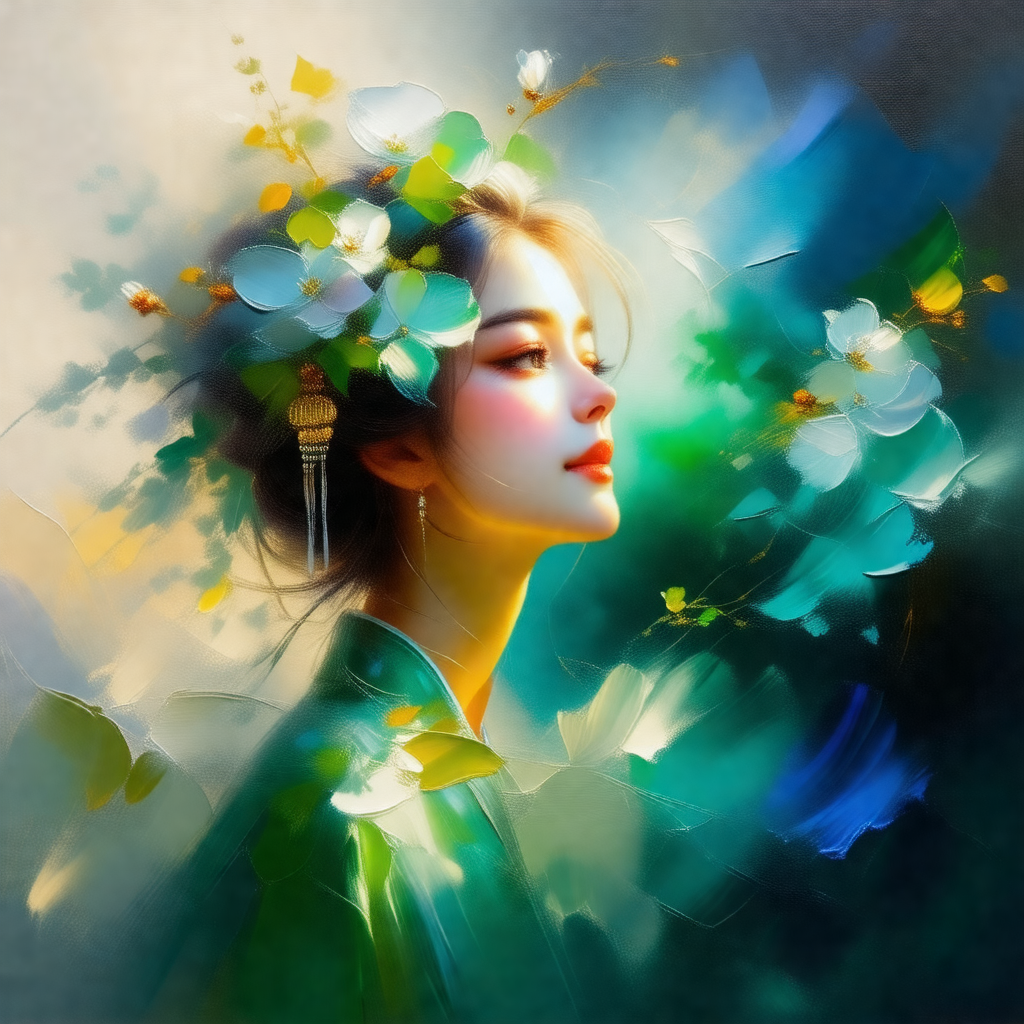 Woman with long hair, wearing a green dress and a flower ...