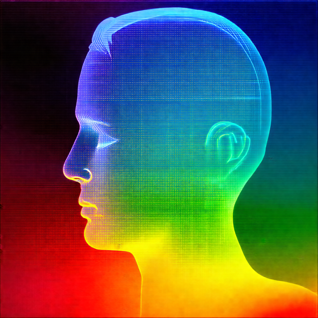 Close-up of a person's head, with a colorful background
