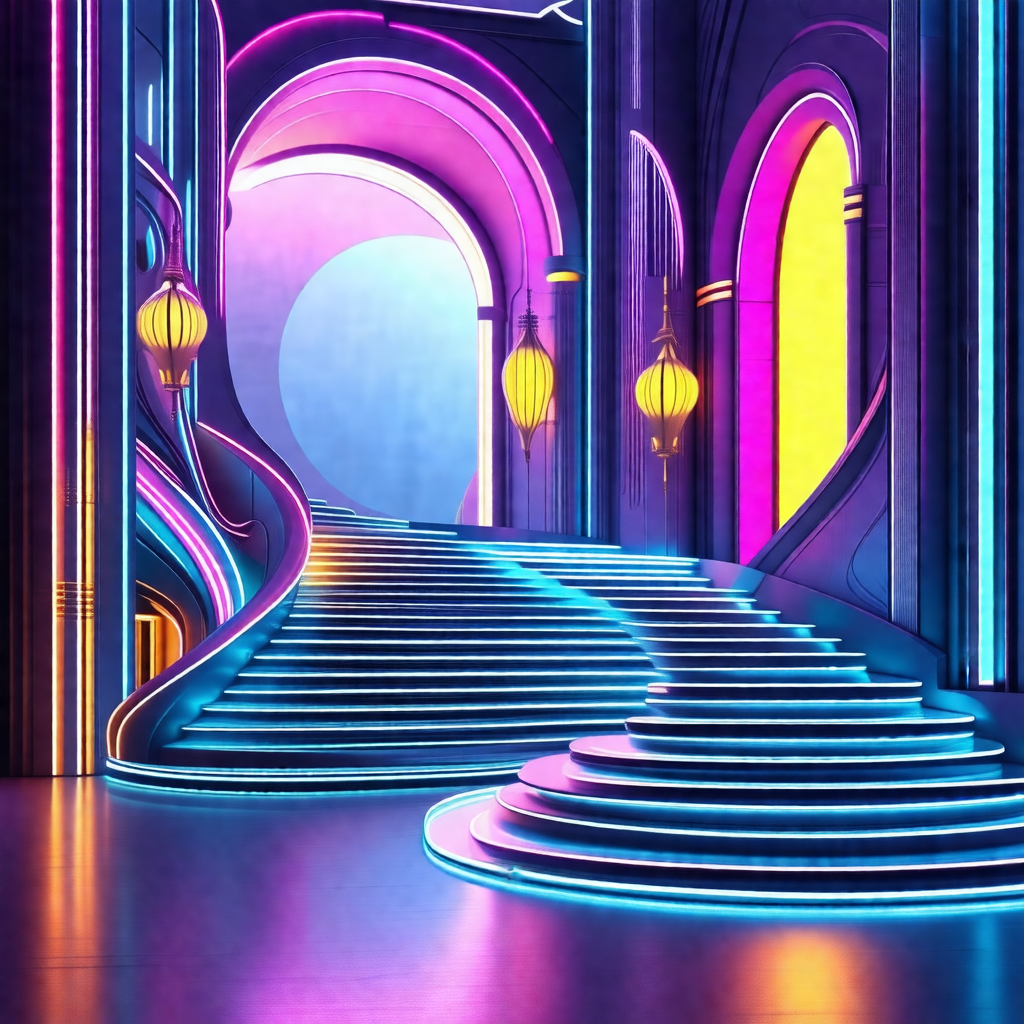 Staircase with a purple and blue color scheme, leading to...