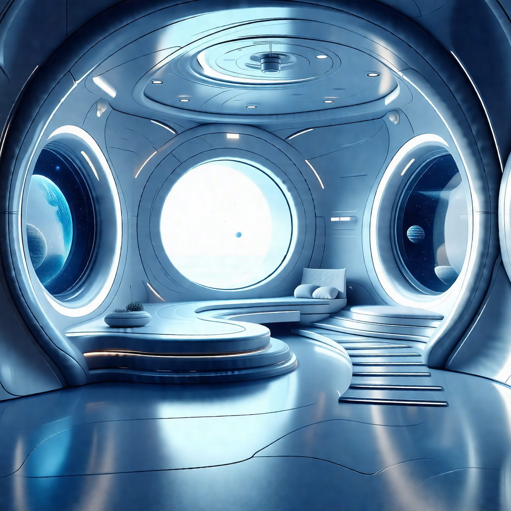 Futuristic room with a large, round window in the center