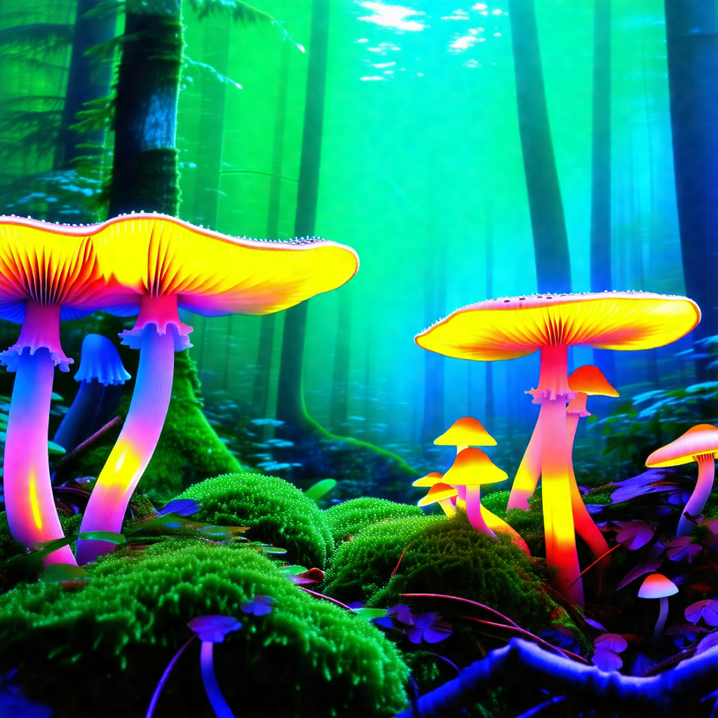 Lush green forest with a variety of mushrooms growing on ...