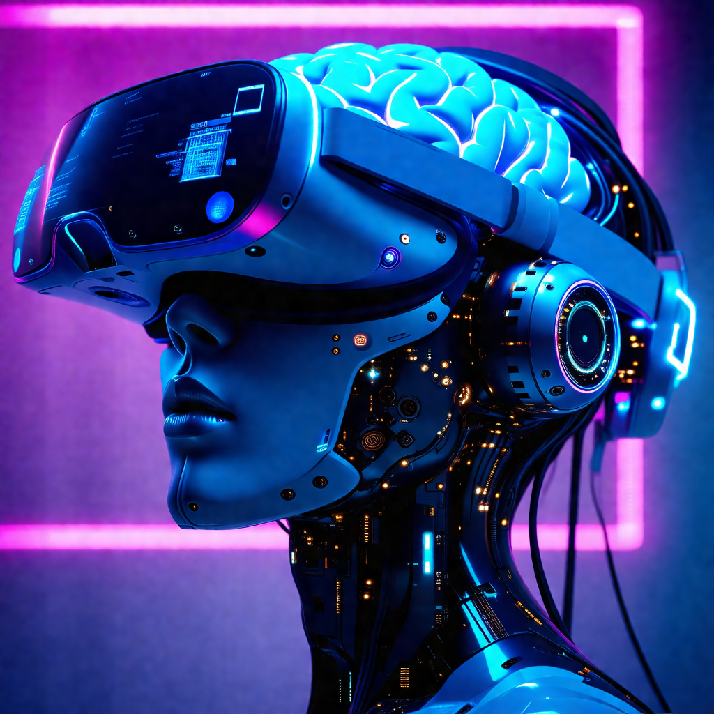 Futuristic robot with a blue head and a purple background