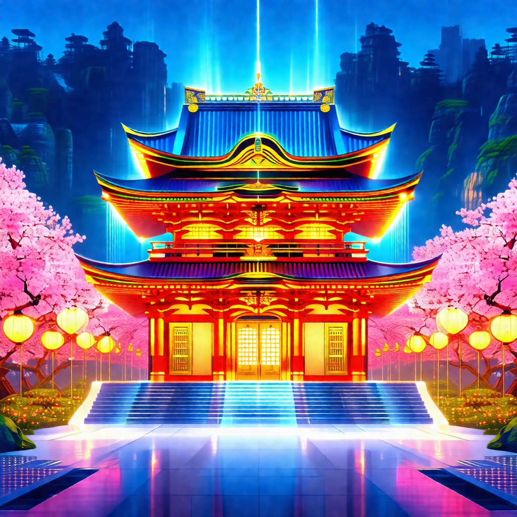 Colorful and vibrant painting of a large asian building, ...