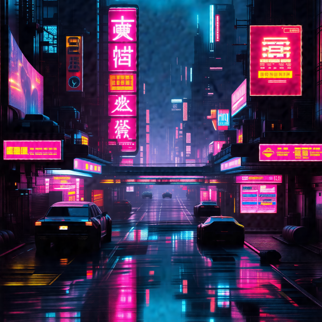City street at night, with a few cars driving down the road