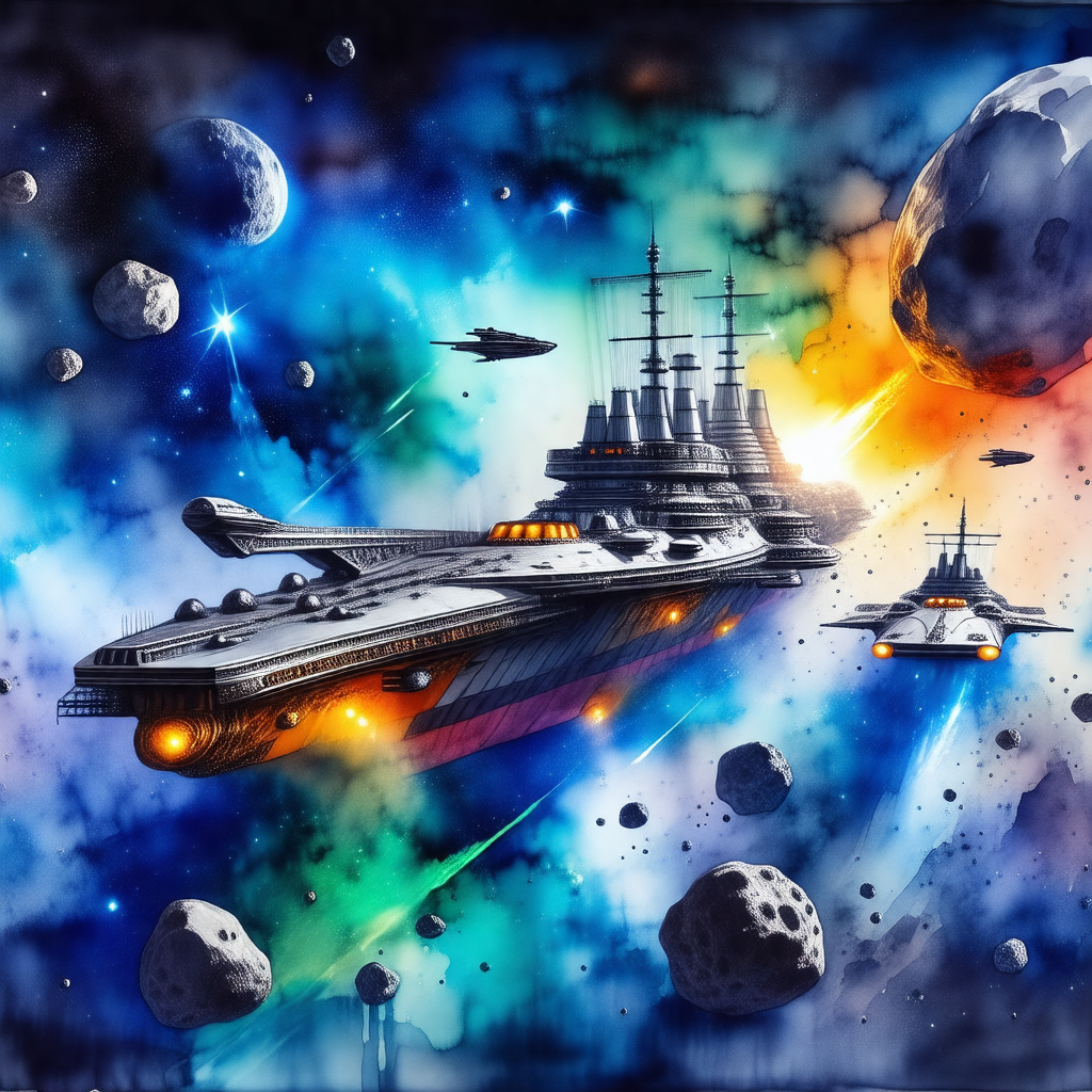 Colorful painting of a futuristic space battle
