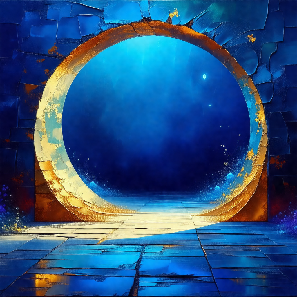 Large, golden, circular doorway with a blue background
