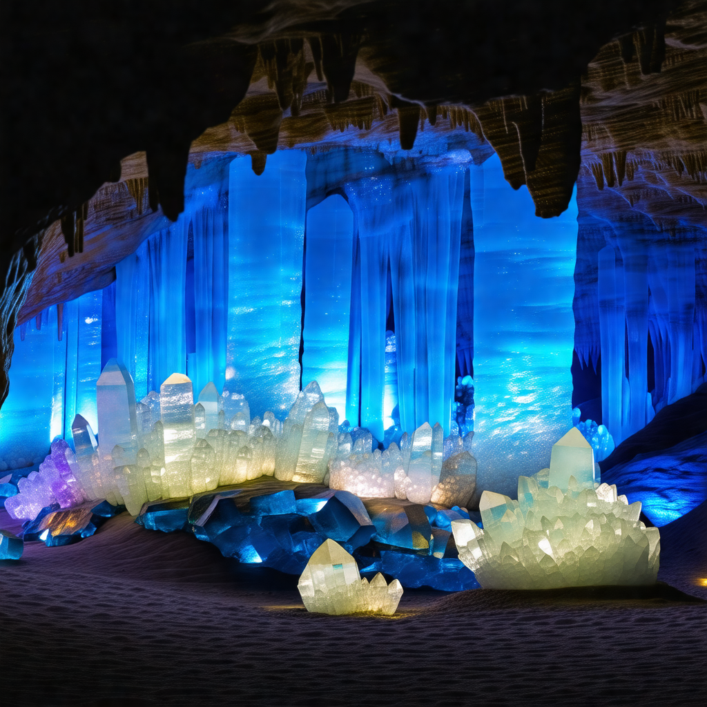 Cave with a blue light illuminating the interior